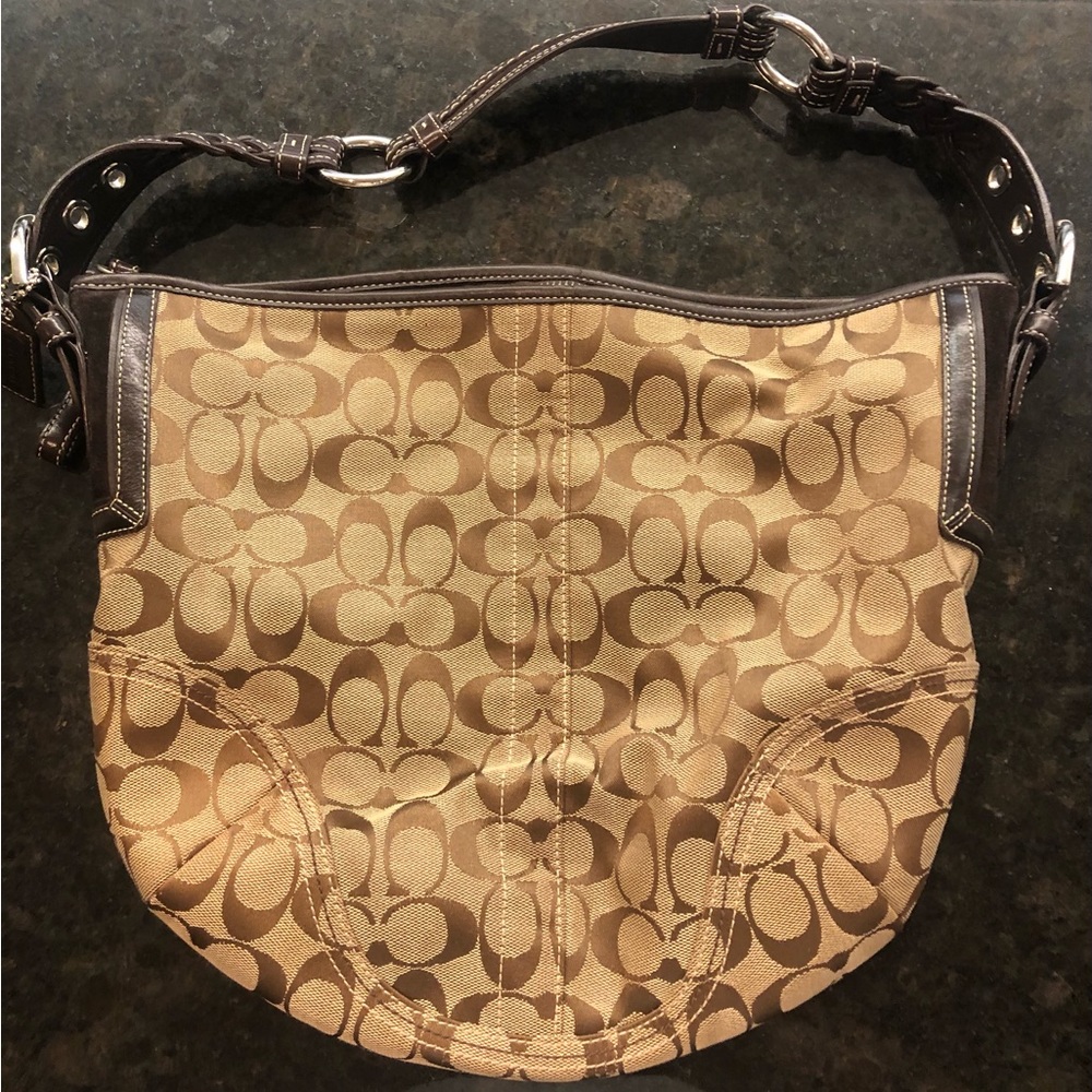 Coach Hobo Shoulder Handbag in Signature Coach Brown w/ Silver Accents